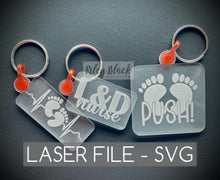 Load image into Gallery viewer, DIGITAL DOWNLOAD Labor and Delivery Keychain svg bundle, Digital Cut File, Three versions, L&amp;D Nurse, Push!, Baby Feet, Heart Rhythm
